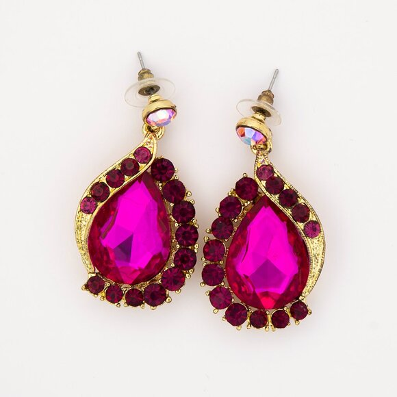 Statement Teardrop Earrings | Fuchsia Crystal Dangle | Gold Tone Glam - Picture 2 of 7